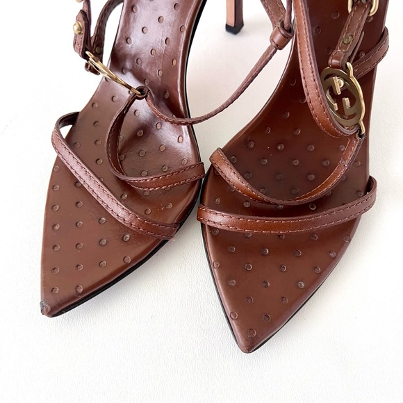 GUCCI | GG Logo Brown Leather Strappy Heels Sandals Size 7.5 - Picture 10 of 16